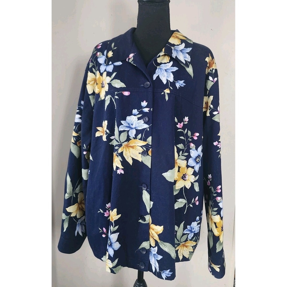 Alfred Dunner Womens 24W 2X Navy Floral Embellished Button Up Jacket Coat